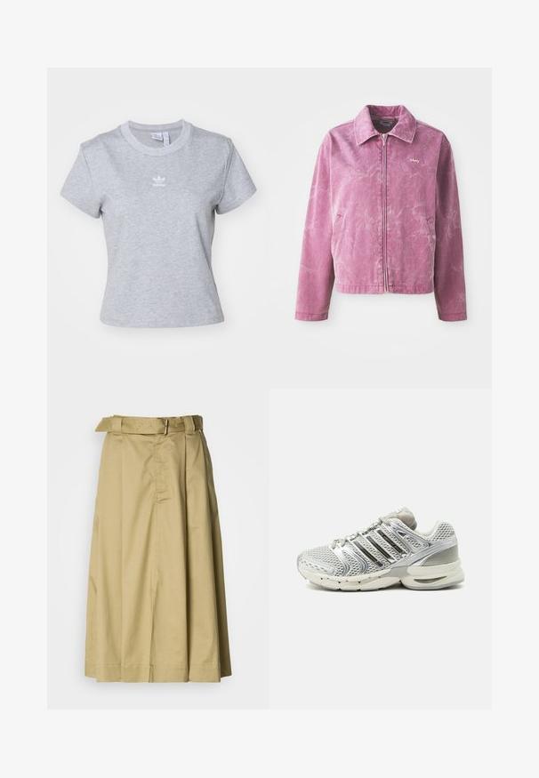 Vaaleanpunainen farkkutakki kauluksella, vetoketjulla edessä, kahdella sivutaskulla ja hienovaraisella marmoroidulla tekstuurilla; rinnassa "obey"-logo.; adidas Originals ESS SLIM TEE - T-paita - medium grey heather; Khaki midi-hame vyöllä, laskostettu muotoilu ja kaksi näkyvää sivutaskua, valmistettu sileästä kankaasta, jossa on pehmeä tekstuuri.; Vaaleanharmaa verkkokankainen ja synteettinen juoksukenkä, jossa on pehmustettu pohja ja metallinhohtoiset hopeanväriset sivuraidat, kuvattuna ulkopuolelta.