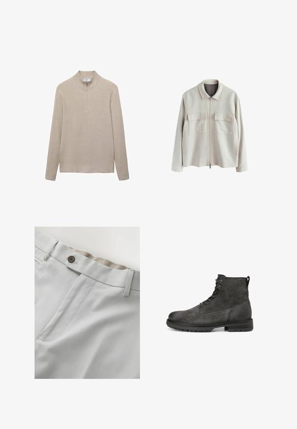 Lysebeige jakke med lynlås, krave og to forlommer med klap, lange ærmer og en lige kant.; Beige ribbet striktrøje med høj krave og lynlås i halv længde. Lange ærmer og en tætsiddende kantdesign fremhæver det strukturerede udseende.; Lysegrå bukser med en brun knap, bæltestropper og en synlig detalje på frontlommen på en ensfarvet baggrund.; Mørkegrå ruskinds ankelstøvle med snøre, tykk sort gummisål og en løkker bagpå, vist fra den ydre side.