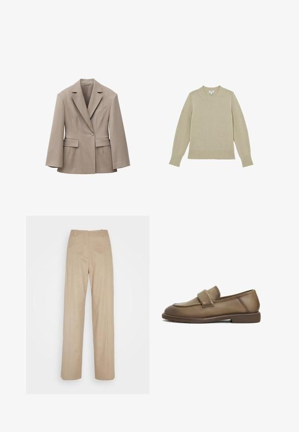 Beige skræddersyet blazer med brede revers, enkelt forreste knap, to lommeklapper og en brystlomme, designet til en struktureret pasform.; Beige strikketrøje med rund hals, ribkant forneden og ved ærmerne. Let tekstureret stof med quiltede detaljer langs ærmerne.; Calvin Klein TAILORED STRAIGHT PANT - Bukser - cinder; Brune læder loafers med en blød tekstur, der har et bredt strop over vristen og en lav, flad gummisål. Rent, understated design.