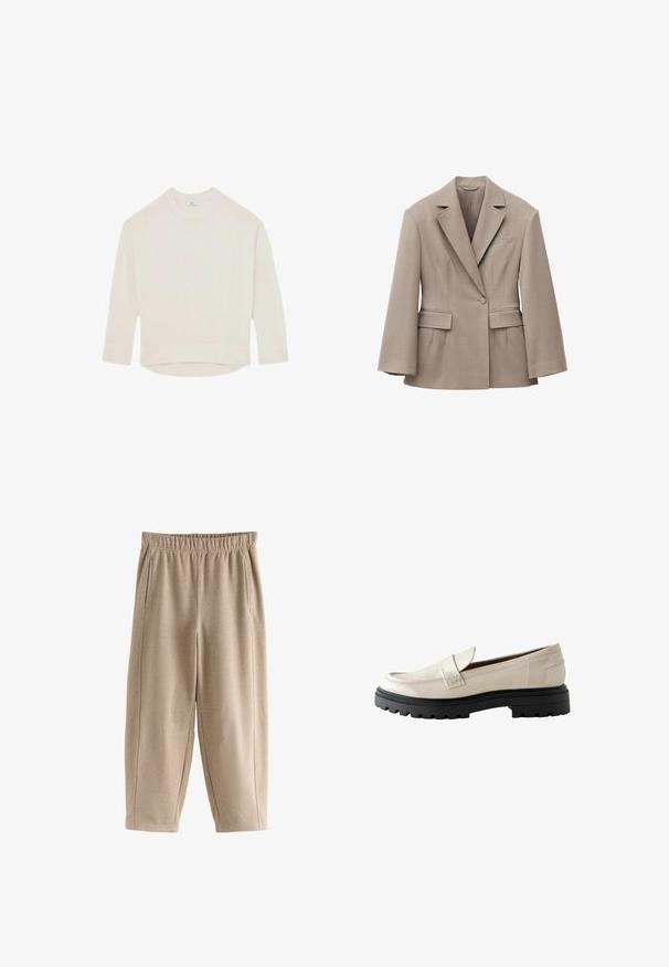 Beige skræddersyet blazer med brede revers, enkelt forreste knap, to lommeklapper og en brystlomme, designet til en struktureret pasform.; Cremefarvet strikket sweater med lange ærmer og ribbede manchetter, krave og kant, som er lidt længere bagtil.; Next REGULAR FIT - SOFT BRUSHED FINISH BARREL LEG - Træningsbukser - mocha brown; Beige patentlæder loafers med rund tå, kraftig sort gummisål og en syet detalje foran.