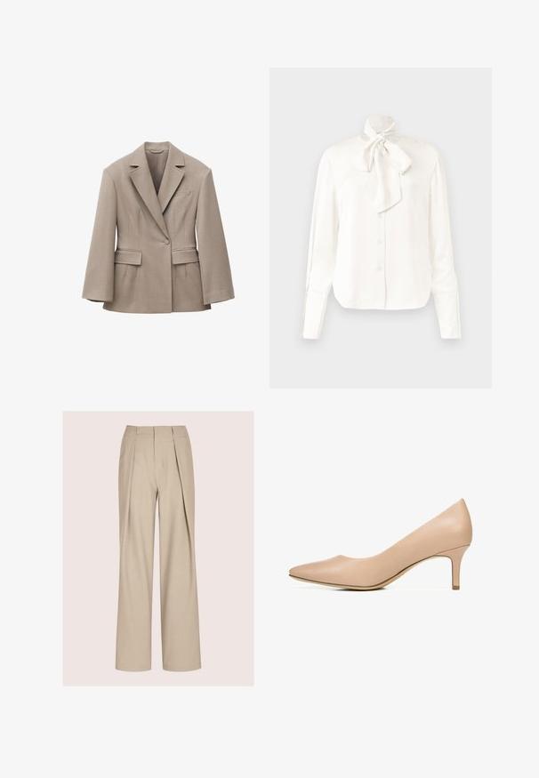 Blazer beige ajusté avec de larges revers, un bouton unique à l'avant, deux poches à rabat et une poche poitrine passepoilée, conçu pour une coupe structurée.; Blouse blanche à manches longues en tissu léger avec col haut et un grand nœud au niveau du cou, dotée d'une fermeture à boutons sur le devant.; Pantalon beige sur mesure à jambe large, avec plis doubles à l'avant, texture lisse et ceinture structurée.; Escarpin à bout pointu en cuir nude avec un talon fin et une texture lisse ; présente un design discret et de subtils éléments en métal doré.