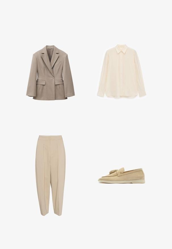 Beige skræddersyet blazer med brede revers, enkelt forreste knap, to lommeklapper og en brystlomme, designet til en struktureret pasform.; Kremfarvet skjorte med knapper lavet af glat stof, med krave, lange ærmer og en let buet kant.; Beige skræddersyede bukser med høj talje, plisseret forside og smal nederdel. Stoffet ser glat ud med en subtil glans. Ingen synlige lommer.; Scarosso Loafers - butter suede