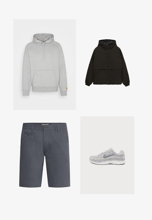 Sort hættejakke med lynlås, elastiske manchetter og en enkel, glat tekstur. Har en frontlomme og et afslappet fit.; Grå hættetrøje med kængurulomme, ribbede manchetter og kant, med et logo-patch på venstre ærme. Blød stoftekstur.; Grå bomuldsshorts med flad front, bæltestropper og knaplukning. Indeholder sidelommer og diskrete syninger.; Lysegrå Nike løbesko med mesh- og ruskindspaneler, tyk hvid sål og Swoosh-logo på siden, vist i profil på en ensfarvet baggrund.