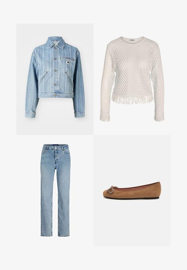 Lys blå denimjakke med vertikale striber, cropped design, metalknapper, to sidelommer og en brystlomme med logo-patch.; Noisy May NMLISA O-NECK STRUCTURE - Striktrøje - eggnog; Lyseblå højtaljede jeans med straight-leg pasform, lavet af denim. Har fem lommer og subtile stikninger.; Brune suedede balletflade med en rund tå, prydet med en dekorativ rebknude på fronten og en flad sål.