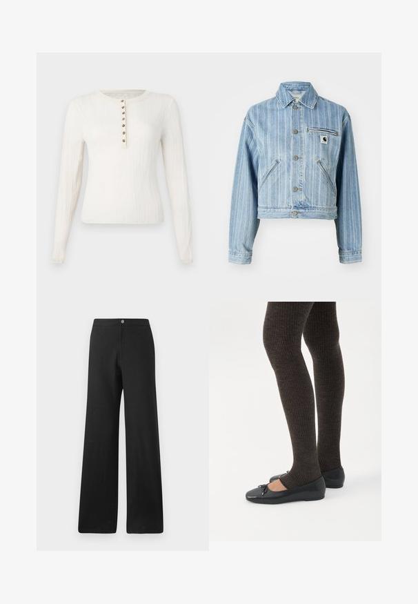 Lys blå denimjakke med vertikale striber, cropped design, metalknapper, to sidelommer og en brystlomme med logo-patch.; Langærmet cremefarvet sweater med ribbet tekstur, der har en rund hals og syv dekorative knapper foran.; Sorte bukser med vid ben lavet af et blødt stof, med knaplukning foran, rene linjer og et minimalistisk design uden mønstre.; Ben iført mørke ribbede leggings kombineret med sorte balletsko med små sløjfedetaljer på hvid baggrund.