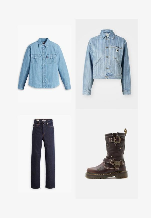 Hele sinine denim jakk vertikaalsete triipudega, lühendatud disain, metallnuppudega, kahe küljetasku ja rinna-taskuga, kus on logotäht.; Heledad sinine teksast särk pika varrukaga, terava kraega, kahe rinna taskuga, nööbiplikaadiga ja peene tekstuuriga. Nähtavaid mustreid pole.; Tumedad sinise sirgedega teksapüksid viie koti ja nähtava oranži õmblusega valgel taustal.; Pruun nahast poolkõrge saabast, millel on reljeefsed lillemustrid, kaks reguleeritavat messingist pandlat, kollane õmblus ja tugev tald.