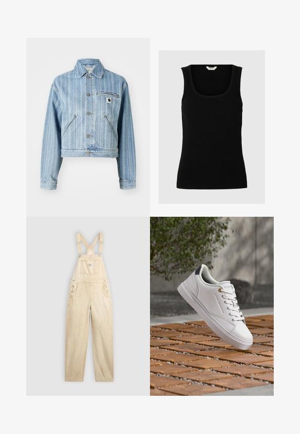 Lichtblauwe denimjas met verticale strepen, verkorte snit, metalen knopen, twee zijzakken en een borstzak met logo-opdruk.; Zwarte geribde tanktop met een brede ronde hals en dunne bandjes. De stof lijkt zacht en rekbaar, geschikt voor het dragen in lagen of casual gebruik.; Lichtbeige overall van denim, met een vierkante zak, verstelbare banden, drukknoopsluitingen aan de zijkant en een wijde pijp.; Witte lage sneaker met veters, gouden veteroog en navy hieldetail, hangend boven een houten blok en kiezelgrond buiten.