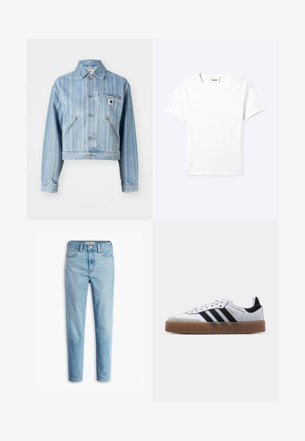 Lichtblauwe denimjas met verticale strepen, verkorte snit, metalen knopen, twee zijzakken en een borstzak met logo-opdruk.; Effen wit T-shirt met korte mouwen en ronde hals met een klein "WEEKDAY" label aan de binnenkant van de hals, plat neergelegd op een lichte achtergrond.; Lichtblauwe hoge taille spijkerbroek met voorzakken, riemlussen, knoopsluiting en taps toelopende broekspijpen op een witte achtergrond.; Witte leren sneakers met zwarte strepen, gumrubberen buitenzool, ronde neus, vetersluiting en een zachte grijze suède neuskap.