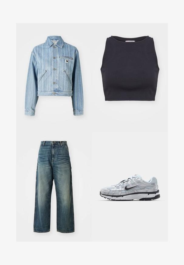 Lys blå denimjakke med vertikale striber, cropped design, metalknapper, to sidelommer og en brystlomme med logo-patch.; Sort ribbet crop top med rund halsudskæring og uden ærmer. Glat tekstur, tætsiddende form og minimalistisk stil.; Bredde ben denim jeans i en falmet blå vask. Har en knaplukning, fem lommer og synlige sømme. Materialet har en glat tekstur.; Nike P-6000 sneakers med en lys grå mesh overdel, sorte accenter og en holdbar sort gummisål. Har et detaljeret design og snøresystem.