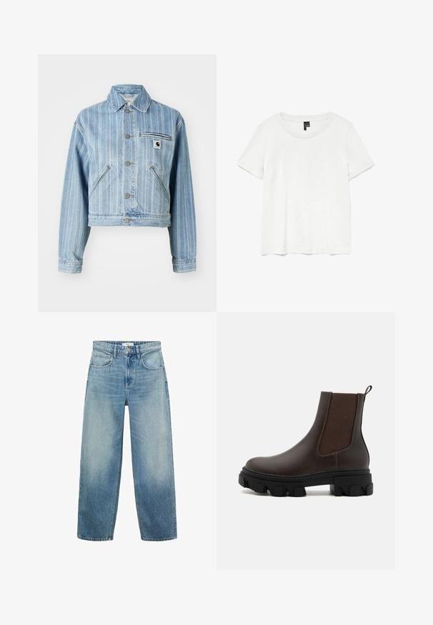 Lys blå denimjakke med vertikale striber, cropped design, metalknapper, to sidelommer og en brystlomme med logo-patch.; Hvid kortærmet t-shirt med rund halsudskæring, lavet af letvægtsstof. Enkel design, glat tekstur og lige kant.; Lys blå denim bredbenede jeans med høj talje, fem lommer og knaplukning. Fadede mønster mod bunden.; Brune læder Chelsea-støvler med elastiske sidepaneler, teksturerede stofaccenter, tyk sort gummisål og en pull-tab bagpå.