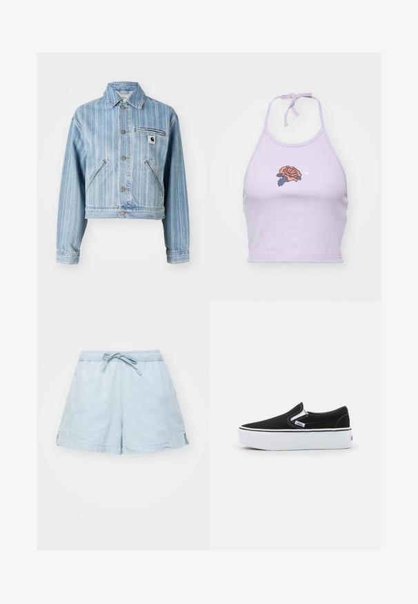 Hele sinine denim jakk vertikaalsete triipudega, lühendatud disain, metallnuppudega, kahe küljetasku ja rinna-taskuga, kus on logotäht.; Lilla nööriga crop top, mis on valmistatud puuvillast, sisaldab apelsini- ja tumesinisest roosi tikandit ning kaela juures sõlmimise võimalust.; Heledad sinine, kergest materjalist lühikesed püksid elastse vöökoha ja nööriga. Omab külgtaskuid ja lõdva istumisega, valmistatud pehmest kangast.; Musthave musta kangas slip-on king, millel on valge kummist tald, elastsed külgmised aktsendid ja kontrastne õmblus. Brändi logo nähtav küljel.