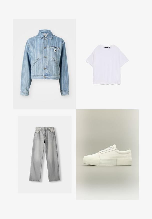 Lys blå denimjakke med vertikale striber, cropped design, metalknapper, to sidelommer og en brystlomme med logo-patch.; Enkelt hvid kortærmet bomulds-T-shirt med rund hals, lagt fladt på hvid baggrund.; Lys grå denim jeans med lige pasform, der har to frontlommer, en knappelukning og diskrete slidser for tekstur.; Hvid lavtopet sneaker med tyk sål, metaløjer og snørebånd, vist fra siden på en ensfarvet lys baggrund.