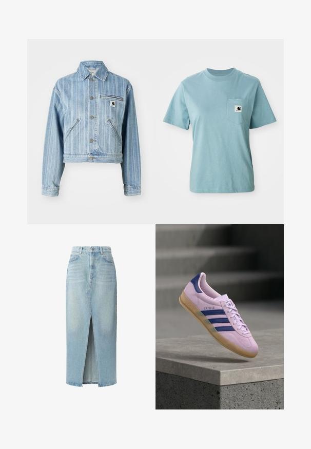 Lichtblauwe denimjas met verticale strepen, verkorte snit, metalen knopen, twee zijzakken en een borstzak met logo-opdruk.; Lichtblauw katoenen T-shirt met korte mouwen en een borstzak, voorzien van een klein zwart-wit Carhartt logo patch.; Lichtblauwe denimrok met een voorknijp, vijf zakken en riemlussen. Gemaakt van katoen met een soepele textuur en een lichte vervaging.; Lichtpaarse Adidas Gazelle sneaker met marineblauwe strepen en hieltab, rubberen zool, zwevend boven een stenen richel met vervaagde trappen op de achtergrond.