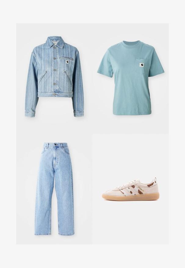Lichtblauwe denimjas met verticale strepen, verkorte snit, metalen knopen, twee zijzakken en een borstzak met logo-opdruk.; Lichtblauw katoenen T-shirt met korte mouwen en een borstzak, voorzien van een klein zwart-wit Carhartt logo patch.; Hogewaisted lichtblauwe denim jeans met rechte wijde pijpen, voorste knoop, ritssluiting en voor- en achterkant zakken.; Beige suède sneaker met lage schacht en gumzool, bruin-wit gestreept patroon, "SPEZIAL" in gouden letters aan de zijkant.