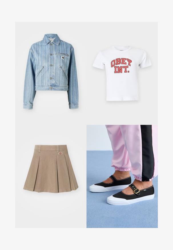 Lichtblauwe denimjas met verticale strepen, verkorte snit, metalen knopen, twee zijzakken en een borstzak met logo-opdruk.; Wit T-shirt met korte mouwen met rode vetgedrukte tekst "OBEY INT." gecentreerd aan de voorkant tegen een effen achtergrond.; Beige geplooide rok gemaakt van een gestructureerde stof. Voorzien van een tailleband met riemlussen en een logopatch aan de linkerzijde.; Zwarte canvas schoenen met een witte zool, met een uitgesneden ontwerp en een gouden gespband. Draagt met roze joggingsbroek.