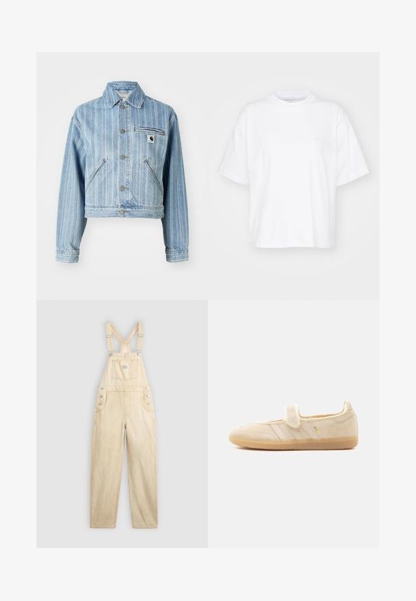 Chaqueta de denim azul claro con rayas verticales, diseño corto, botones de metal, dos bolsillos laterales y un bolsillo en el pecho con parche de logo.; Camiseta de algodón blanca con cuello redondo, mangas cortas y un corte relajado. Presenta un logo sutil en el área del pecho izquierdo. Textura suave.; Overol de mezclilla en un tono beige claro, con un bolsillo cuadrado, tirantes ajustables, botones de presión en el lateral y corte de pierna ancha.; Zapatilla Mary Jane de ante beige con tira de velcro, suela de goma, tres rayas cosidas y marca dorada "SAMBA" en el lateral.