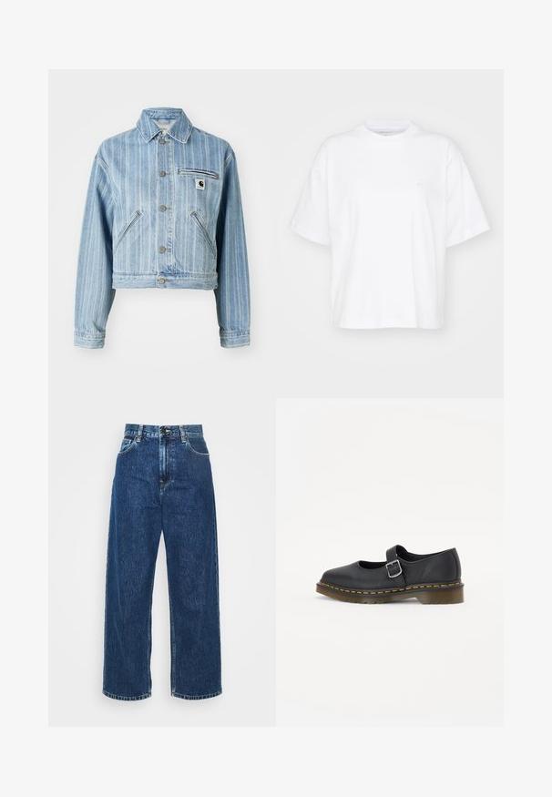 Lys blå denimjakke med vertikale striber, cropped design, metalknapper, to sidelommer og en brystlomme med logo-patch.; Hvid bomulds t-shirt med rund hals, korte ærmer og en afslappet pasform. Har et diskret logo på venstre brystområde. Glat tekstur.; Lysblå denim brede ben jeans med høj talje, synlig syning og standard lommer. Har en knap- og lynlåslukning.; Sorte læder Mary Jane sko med en rund tå, justerbar spænde, gul syning og en kraftig brun gummisål.