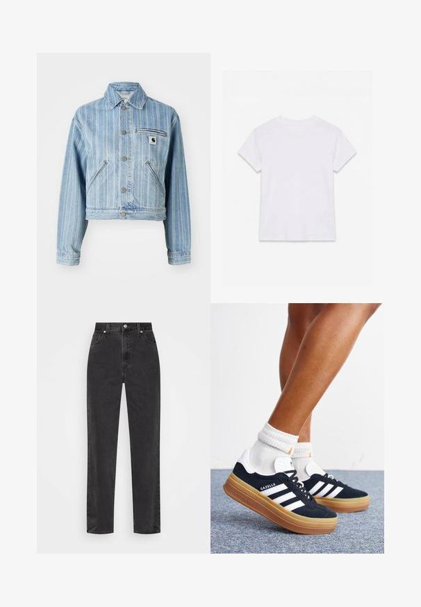 Lichtblauwe denimjas met verticale strepen, verkorte snit, metalen knopen, twee zijzakken en een borstzak met logo-opdruk.; Effen wit katoenen T-shirt met korte mouwen en ronde hals, plat gelegd op een witte achtergrond.; Zwarte denim jeans met rechte pijpen en hoge taille, met een knoop en rits aan de voorkant en vijf zakken, op een witte achtergrond.; Ben met witte sokken en zwarte Adidas Gazelle sneakers met witte strepen en dikke bruine zolen op een grijs tapijt.