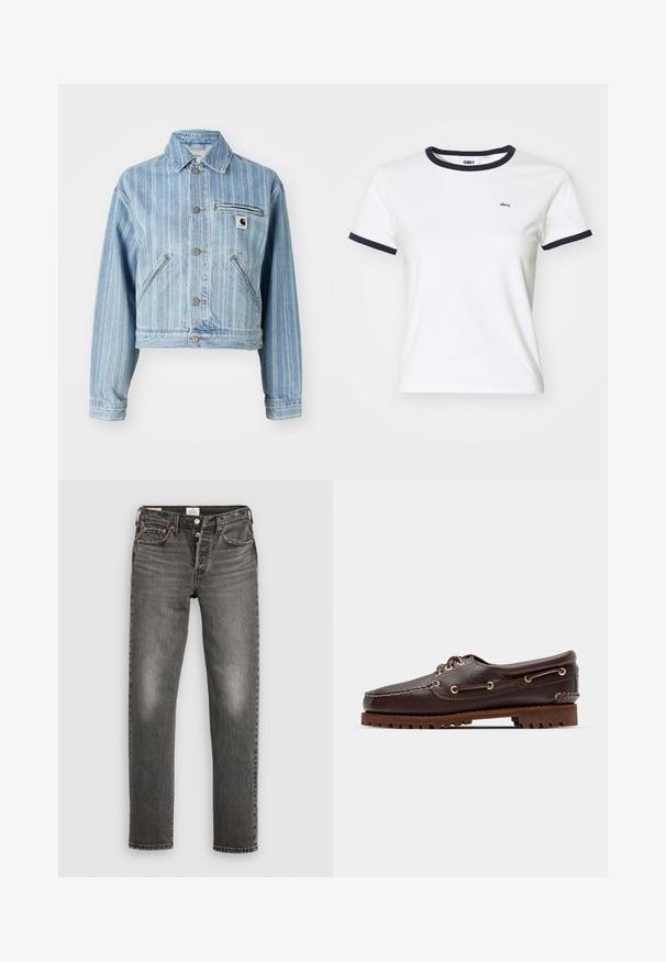 Hele sinine denim jakk vertikaalsete triipudega, lühendatud disain, metallnuppudega, kahe küljetasku ja rinna-taskuga, kus on logotäht.; Valge puuvillane T-särk, millel on tumesinine ümmargune kaelus ja varrukate ääred. Ees vasakul on väike "obey" logo. Klassikaline lühikeste varrukatega disain.; Hallitus hallid denim püksid sirge lõikega, kulunud tekstuuriga, saavutades kerge pleekimise, vaskne neediga ja traditsioonilise nupuga sulette.; Pruun nahkne paadisuss kuldsete silmadega, ümmarguste nööridega ja tekstuuriga pruuni kummitaldiga. Omab õmmeldud detaile ja väljaulatuvat logo.
