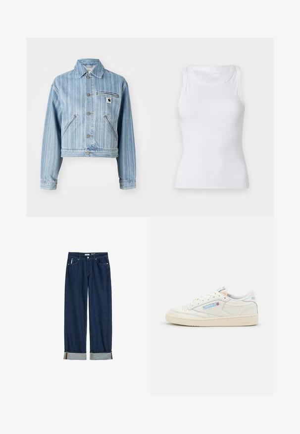 Ανοιχτό μπλε denim μπουφάν με κάθετες ρίγες, cropped σχέδιο, μεταλλικά κουμπιά, δύο πλευρικές τσέπες και μία τσέπη στο στήθος με logo patch.; Λευκό ριμπαρισμένο μπλουζάκι με στρογγυλή λαιμόκοψη και χωρίς μανίκια. Το υλικό φαίνεται λείο με εφαρμοστή σιλουέτα. Χωρίς ορατά σχέδια ή διακοσμήσεις.; Σκούρο μπλε τζιν παντελόνι με ίσια γραμμή, διπλωμένα μανίκια, ορατές ραφές και κλασικό στυλ πέντε τσεπών.; Αθλητικά παπούτσια Reebok από λευκό δέρμα με ανοιχτό μπλε λεπτομέρειες. Διαθέτουν τρυπητή μύτη, επίπεδους κορδόνια και υφασμάτινη σόλα από καουτσούκ.