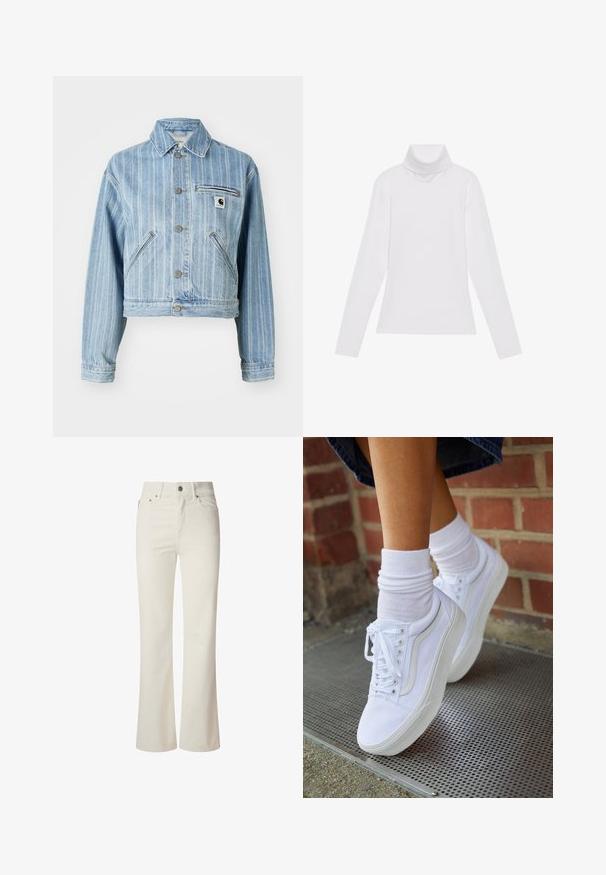 Lys blå denimjakke med vertikale striber, cropped design, metalknapper, to sidelommer og en brystlomme med logo-patch.; Hvid langærmet turtle-neck top lavet af glat, strækbart stof. Har en høj krave og tætsiddende design, uden synlige mønstre eller udsmykninger.; Hvide flagrende jeans lavet af denim. Har en høj talje, fem lommer og metallisk knaplukning. Glat tekstur uden synlige mønstre.; Hvide lærreds sneakers med gummisåler, der har seks snørehuller, rund tå og let sømdetaljer, krydret med hvide ankelstrømper.