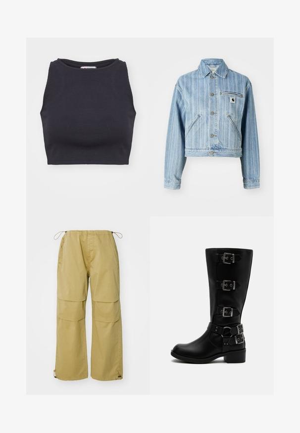Hele sinine denim jakk vertikaalsete triipudega, lühendatud disain, metallnuppudega, kahe küljetasku ja rinna-taskuga, kus on logotäht.; Musthave mustriline kaelus ja ilma varrukat must ribastatud lühiülikond. Sujuv tekstuur, vormikohane kuju ja minimalistlik stiil.; Khaki värvi cargo püksid, laiad jalad, elastne vöökoht, eespool taskud ja reguleeritavad stringiga mansetid. Valmistatud kerge kangaga.; Must nahk-säärekõrged saapad nelja reguleeritava metallist pandlaga ja madala plokk-kontsaga valgel taustal.