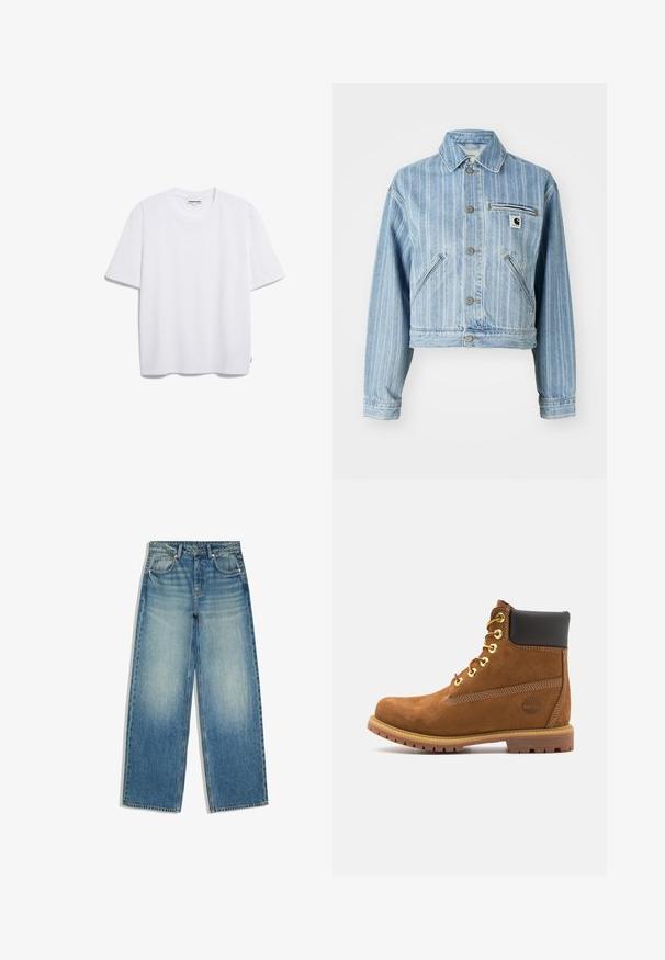 Hellblaues Denim-Jacket mit vertikalen Streifen, taillierter Schnitt, Metallknöpfen, zwei Seitentaschen und einer Brusttasche mit Logo-Patch.; Weißes Baumwoll-T-Shirt mit kurzen Ärmeln, runder Halslinie und lockerer Passform. Keine sichtbaren Muster oder Logos. Glatte Textur.; Blaue Jeans mit weitem Bein, ausgewaschenem Vorderteil, Fünf-Taschen-Design, Gürtelschlaufen und Knopfverschluss.; Braune Wildleder-Stiefelette mit schwarzem gepolstertem Kragen, goldenen Ösen, Schnürung an der Vorderseite und Gummisohle mit strukturiertem Muster.