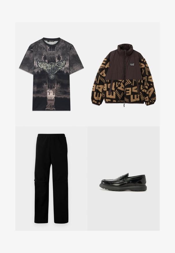 Veste zippée marron et beige avec texture en polaire, motifs géométriques sur les manches, col haut et logo de la marque sur la poitrine.; T-shirt à manches courtes noir et gris avec une texture usée et un emblème central avec des ailes portant les lettres "RC."; Pantalons en polaire noire avec taille élastique et coupe droite. Texture lisse sans motifs ni éléments métalliques visibles.; Mocassin en cuir noir avec une finition brillante, bout arrondi, détails de couture subtils et semelle en caoutchouc épaisse pour la durabilité.