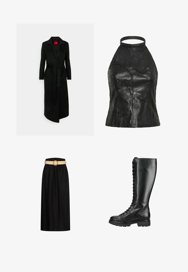Zwarte wollen mix lange jas met een gesneden kraag, ceintuur in de taille en lange mouwen. Beschikt over een rode binnenvoering en een scherpe silhouet.; Zwarte leren haltertop met een gekreukeld textuur, een getailleerd silhouet en een hoge hals met een platte band. Naaddetails langs de zijkanten.; Zwarte midi-rok van zachte stof, met een elastische tailleband en een geweven beige riem met een ronde gesp.; Hoge zwarte leren veterlaars met dikke zool en ronde neus, ontworpen voor zowel stijl als duurzaamheid.