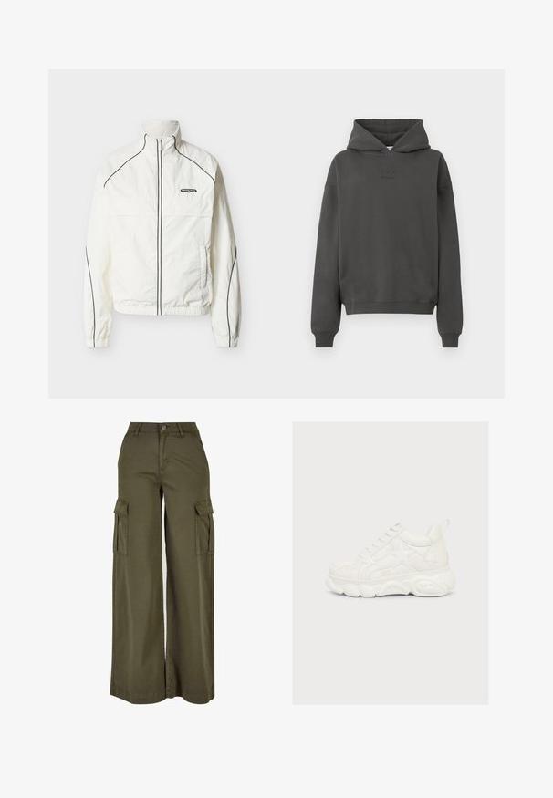 Hvid, letvægtsjakke med høj krave, sort piping langs sømmene og lynlås foran. Har et logo på den øverste venstre side.; Mørkegrå hoodie lavet af blødt materiale, med snøre i hætten, ribbekantede manchetter og et diskret logo trykt på fronten.; Olivengrønne bredde cargo bukser med to sidelommer, lavet af et blødt, holdbart stof. Har detaljeret syning og en knaplukning.; Kraftig hvid sneaker med stjerneformede lapper på siderne og tekstureret tyk sål, vist fra ydersiden på en ensfarvet baggrund.