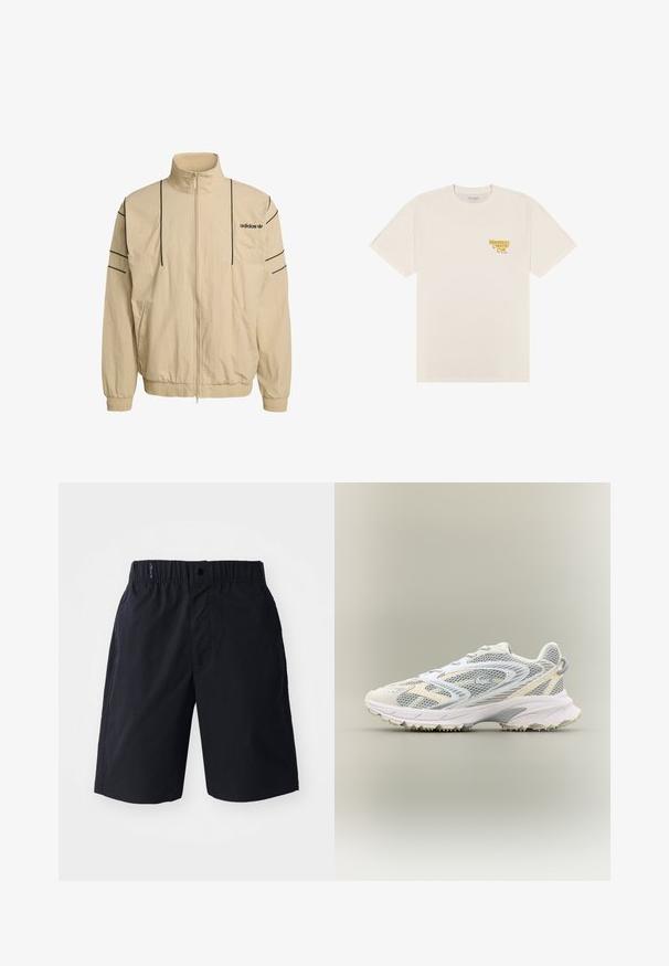 Beige-vetoketjullinen takki, jossa on korkea kaulus, mustat sivuraidat, joustavat hihansuut ja Adidas-logo rinnassa. Valmistettu kevyestä materiaalista.; Kermanvärinen, lyhythihainen T-paita, jossa keltainen "Mavericks Country Club" -teksti ja pieni "Wrangler"-logo vasemmassa rinnassa.; Mustat shortsit, jotka on valmistettu kevyestä kankaasta. Niissä on tasainen etuosa, joustava vyötärö ja sivutaskut. Yksinkertainen muotoilu ilman kuvioita.; Valkoinen urheilukenkä, jossa on harmaat verkkomateriaalit, tekstuuripinnoitteet, pehmustettu kaulus ja kumipohja, jossa on pieniä pitoispiikkejä.