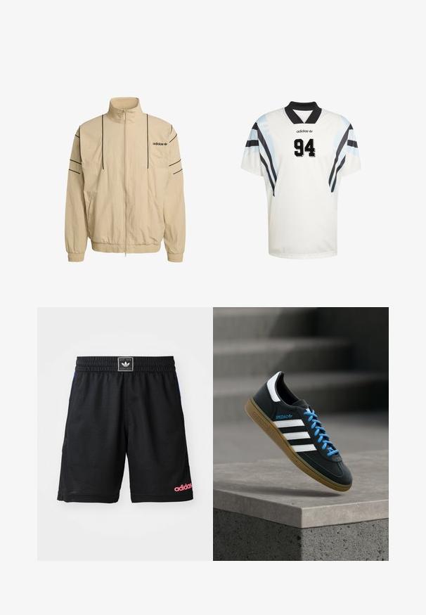 Beige-vetoketjullinen takki, jossa on korkea kaulus, mustat sivuraidat, joustavat hihansuut ja Adidas-logo rinnassa. Valmistettu kevyestä materiaalista.; Valkoinen urheilupaita, jossa on lyhyet hihat, musta kaulus sekä sinisiä ja mustia vinoraitoja. Musta numero "94" selvästi näkyvillä.; Musta urheilushortsit, jotka on valmistettu teksturoidusta ja hengittävästä kankaasta. Ominaisuuksina joustava vyötärö ja alhaalla oikealla puolella vaaleanpunainen "adidas"-logo.; Musta Adidas-tennari valkoisilla raidoilla, sinisillä nauhoilla ja kumipohjalla kelluu pehmeässä valossa harmaan betonisen portaan yllä.