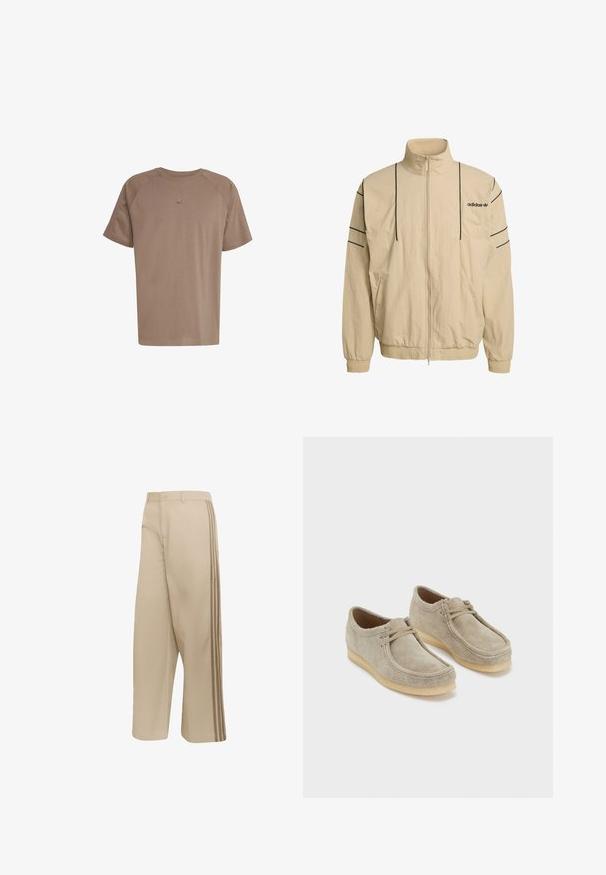 Beige lynlåstrøje med høj krave, sorte sidelommer, elastiske manchetter og Adidas-logo på brystet. Fremstillet af letvægtsmateriale.; adidas Originals TEE - T-shirts basic - earth strata; Beige bukser med vide ben med knap- og lynlåslukning, med tre mørkere beige sidelommer langs de ydre sømme.; Beige ruskind sko med rund tå, blød tekstur og gummisål. Har minimal snøring og et enkelt design.