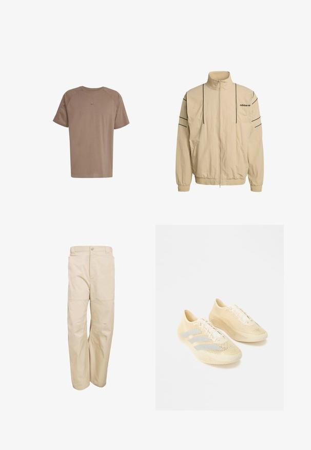 Beež tõmblukuga jakk, millel on kõrge krae, mustad küljeribad, elastsed mansetid ja Adidas logo rinnal. Valmistatud kergekaalulisest materjalist.; adidas Originals TEE - Lihtne T-särk - earth strata; Beežid puuvillased püksid lõdva lõikega, millel on nööpidega sulgur, vööaugud, küljetaskud ja sile tekstuur.; Beežid kergekaalulised spordijalatsid tekstuurse pinnaga, paeltega ja kolm helehallikat triipu küljel.