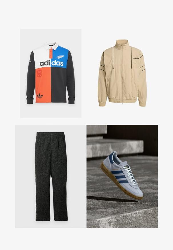 Beige lynlåstrøje med høj krave, sorte sidelommer, elastiske manchetter og Adidas-logo på brystet. Fremstillet af letvægtsmateriale.; Farvet opdelt langærmet polo shirt i sort, hvid, orange og blå, med krave, knaplukning og fremtrædende Adidas branding.; Sorte fleecebukser med tekstur, elastisk taljebånd og lige ben, vist mod en hvid baggrund.; Lyseblå Adidas Spezial sneakers med marineblå striber og gummisål, vist i luften over betontrapper i et neutralt udendørsmiljø.