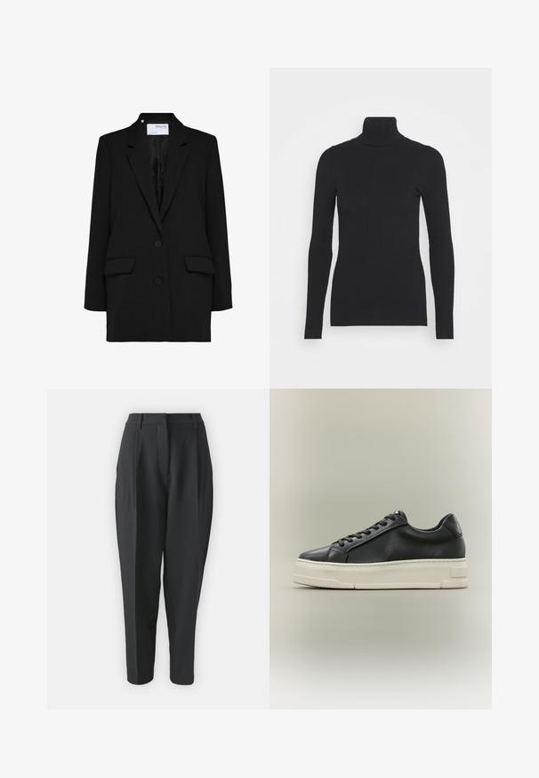 Blazer negro con un diseño de un solo botón, dos bolsillos frontales y dos botones. Confeccionado en una tela texturizada con un forro interior suave.; Suéter ajustado de canalé negro con cuello alto, que presenta mangas largas y una silueta ceñida. La textura es suave con un patrón de canalé horizontal.; Pantalones negros ajustados con cintura alta, pinzas y pierna entallada. Tejido liso sin patrones ni adornos visibles.; Zapatilla deportiva negra de piel baja con cordones negros y una suela gruesa de goma blanca sobre un fondo neutro.