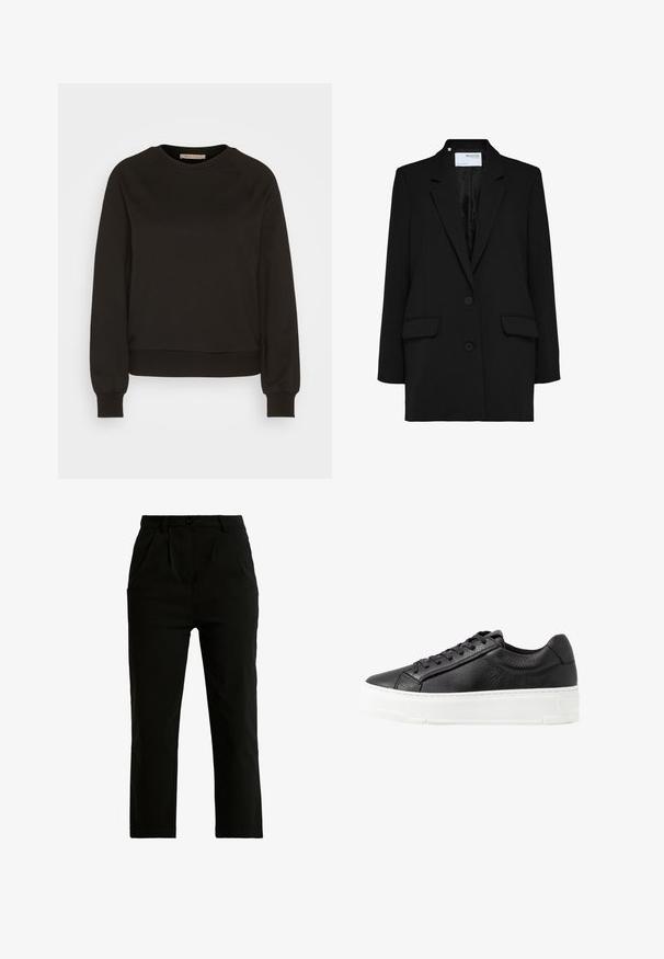 Zwarte blazer met een enkelvoudig ontwerp, twee voorzakken en twee knopen. Gemaakt van textuurstof met een gladde binnenvoering.; Zwarte sweatshirt met een ronde halslijn, lange raglanmouwen, elastische manchetten en een aansluitende zoom. Gemaakt van zachte stof, minimalistisch ontwerp.; Zwarte broek van een katoenmix, met een recht gesneden ontwerp, twee voorzakken, een enkele knoopsluiting en zichtbare stiksels.; Zwarte leren sneaker met een gestructureerd oppervlak, witte rubberen zool, ronde neus en vetersluiting. Kenmerkt zich door stiksels en een gladde tong.