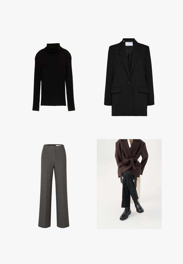 Zwarte blazer met een enkelvoudig ontwerp, twee voorzakken en twee knopen. Gemaakt van textuurstof met een gladde binnenvoering.; Zwarte geribbelde coltrui met lange mouwen en een strakke pasvorm. De stof ziet er glad uit met een zachte textuur en een simpele silhoeët.; Donkergrijze, op maat gemaakte broek met wijde pijpen, voorplooien en tailleband met riemlussen tegen een witte achtergrond.; Bruine wollen mix jas met een riem, gedragen over een wit shirt en zwarte broek, gecombineerd met zwarte chelsea boots, tegen een witte achtergrond.