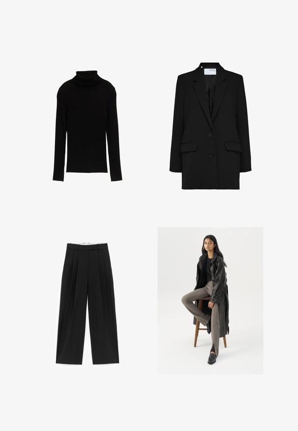 Blazer negro con un diseño de un solo botón, dos bolsillos frontales y dos botones. Confeccionado en una tela texturizada con un forro interior suave.; Suéter negro de cuello alto con mangas largas y un diseño ajustado. La tela parece suave con una textura blanda y una silueta simple.; Pantalones negros de pierna ancha con pliegues frontales, trabillas para cinturón y bolsillos laterales, diseñados para un ajuste entallado.; Abrigo de trench de cuero negro con botones y detalle de cinturón, combinado con pantalones ajustados de color marrón claro y mocasines negros, sentado en un taburete de madera.