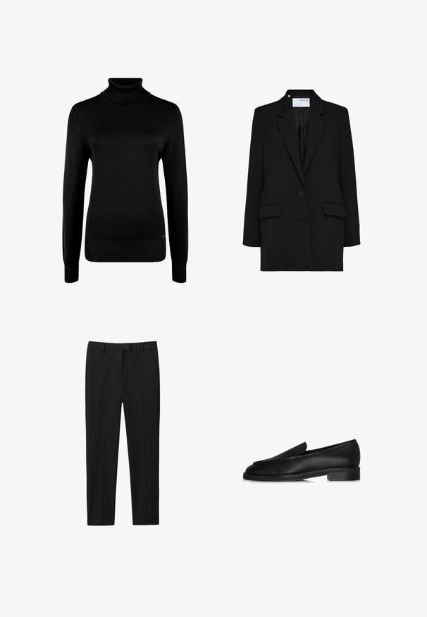 Zwarte blazer met een enkelvoudig ontwerp, twee voorzakken en twee knopen. Gemaakt van textuurstof met een gladde binnenvoering.; Zwarte coltrui met lange mouwen en geribde manchetten en zoom, afgebeeld op een witte achtergrond.; Zwarte broek met een op maat gemaakte ontwerp, vlakke voorkant, twee zijzakken en een rechte pijp. Gemaakt van gladde stof met een subtiele glans.; Zwarte leren instappers met een vlakke zool, gekenmerkt door een gestikt ontwerp en een subtiel bovenste detail. Glad textuur en een elegante silhouet.