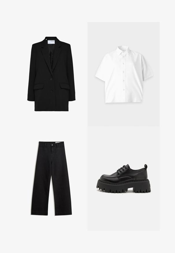 Schwarzer Blazer mit einreihigem Design, zwei vorderen Taschen und zwei Knöpfen. Hergestellt aus strukturiertem Stoff mit einem glatten Innenfutter.; Weißes kurzärmeliges Hemd mit Knopfleiste und Kragen, schlichtes Design und dezentes Logo auf der Brust, auf hellem Hintergrund dargestellt.; Schwarze weit geschnittene Jeans mit hoher Taille, ausgestattet mit Vorder- und Hintertaschen, gesteppten Nähten und einem Knopfverschluss. Glatte Textur.; Schwarze Leder-Plateauschuhe mit einer massiven, geriffelten Gummisohle und sechs Ösen. Sie verfügen über eine abgerundete Zehenpartie und eine Fersenschlaufe für ein einfaches Anziehen.