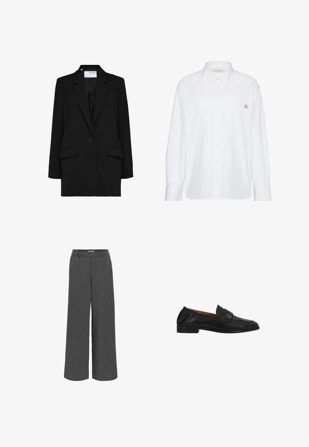 Blazer noir à design à un bouton, avec deux poches avant et deux boutons. Fabriqué en tissu texturé avec une doublure intérieure lisse.; Chemise blanche à manches longues avec boutons, col pointu et petit écusson logo Calvin Klein sur la poche poitrine gauche.; Pantalon large gris fabriqué en tissu texturé, avec une ceinture élastique et des poches avant pour un ajustement décontracté.; Mocassin noir en cuir à enfiler avec un petit talon, bout arrondi et une bride cousue sur le dessus.