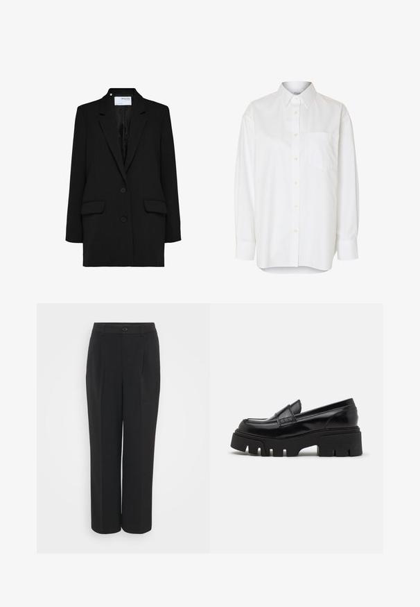 Blazer negro con un diseño de un solo botón, dos bolsillos frontales y dos botones. Confeccionado en una tela texturizada con un forro interior suave.; Camisa blanca de manga larga con botones, cuello puntiagudo y bolsillo en el pecho, mostrada sobre un fondo liso.; Pantalones negros de talle alto con una textura suave, frente plisado y cierre de botón único. Diseño de pierna ancha con bolsillos laterales.; Mocasines de cuero negro con una suela de plataforma gruesa y texturizada, y una correa decorativa en la parte superior. Acabado liso y brillante.