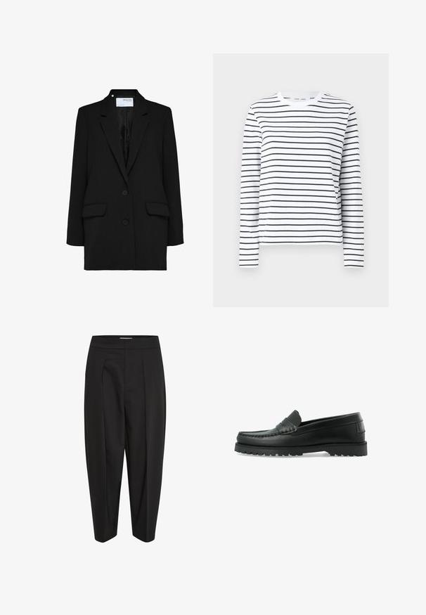 Blazer noir à design à un bouton, avec deux poches avant et deux boutons. Fabriqué en tissu texturé avec une doublure intérieure lisse.; Chemise à manches longues en coton blanc avec des rayures horizontales noires. Présente un col rond et une coupe décontractée. Pas d'accents ou de motifs notables.; Pantalon noir en tissu lisse, avec taille haute, pli central et jambes fuselées. Pas de poches visibles ni de décorations.; Mocassin en cuir noir avec semelle épaisse à crampons, coutures moc-toe et une bride sur le dessus, présenté en vue latérale sur fond blanc.