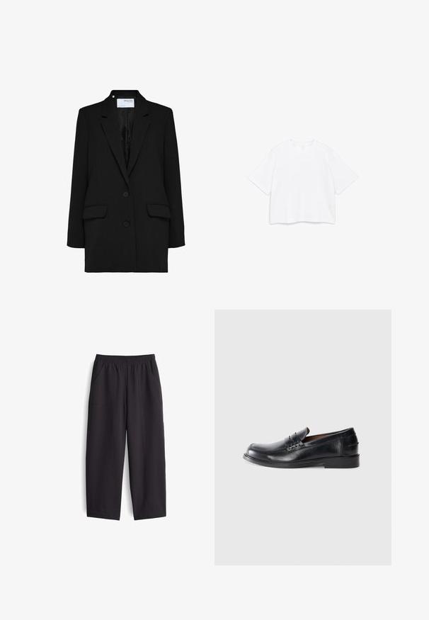 Schwarzer Blazer mit einreihigem Design, zwei vorderen Taschen und zwei Knöpfen. Hergestellt aus strukturiertem Stoff mit einem glatten Innenfutter.; Weißes kurzärmeliges T-Shirt mit rundem Halsausschnitt und kastenförmiger, weiter Passform, dargestellt vor einem schlichten weißen Hintergrund.; Schwarze, weit geschnittene Hosen aus glattem Stoff. Mit elastischem Bund und zwei Seitentaschen, versehen mit sichtbaren Nähdetails.; Schwarze Lederloafers mit abgerundeter Zehenpartie, gestickten Details und niedrigem Blockabsatz. Glatte Textur mit einem dezenten Glanz.