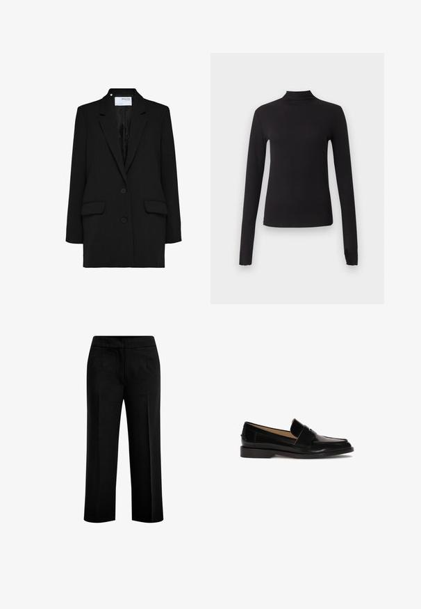 Schwarzer Blazer mit einreihigem Design, zwei vorderen Taschen und zwei Knöpfen. Hergestellt aus strukturiertem Stoff mit einem glatten Innenfutter.; Schwarzes langärmliges, eng anliegendes Oberteil mit Stehkragen, dargestellt auf schlichtem hellgrauem Hintergrund.; Schwarze, weite Hosen aus glattem Stoff mit zwei vorderen Taschen und einem flachen Bund. Maßgeschneiderter Schnitt mit klarer Silhouette.; Schwarze Lederhalbschuhe mit glatter Oberfläche, abgerundeter Zehenpartie und einem dekorativen Riemen über der Vorderseite. Design mit niedrigem Blockabsatz.