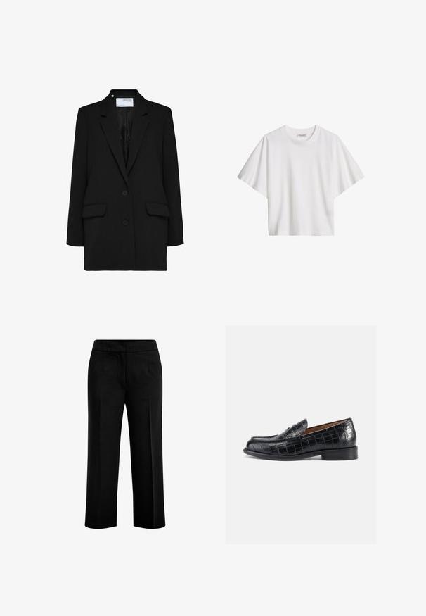 Schwarzer Blazer mit einreihigem Design, zwei vorderen Taschen und zwei Knöpfen. Hergestellt aus strukturiertem Stoff mit einem glatten Innenfutter.; Weißes, kurzärmeliges, locker sitzendes Baumwoll-T-Shirt mit Rundhalsausschnitt und Markenetikett innen im Kragen.; Schwarze, weite Hosen aus glattem Stoff mit zwei vorderen Taschen und einem flachen Bund. Maßgeschneiderter Schnitt mit klarer Silhouette.; Schwarze Loafer aus krokodilgeprägtem Leder mit abgerundetem Zehenbereich, zum Hineinschlüpfen und einem niedrigen, stabilen Absatz. Glatte Textur und dezenter Glanz.