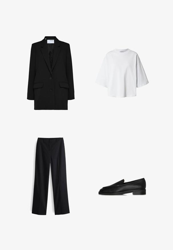 Zwarte blazer met een enkelvoudig ontwerp, twee voorzakken en twee knopen. Gemaakt van textuurstof met een gladde binnenvoering.; Witte oversized T-shirt met korte mouwen, ronde hals en losse pasvorm, weergegeven op een eenvoudige achtergrond.; Zwarte wijde broek met een gladde stof, een platte voorkant, riemlussen en zijzakken, ontworpen voor een relaxte pasvorm.; Zwarte leren instappers met een vlakke zool, gekenmerkt door een gestikt ontwerp en een subtiel bovenste detail. Glad textuur en een elegante silhouet.