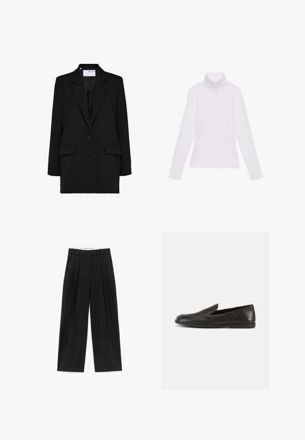 Blazer noir à design à un bouton, avec deux poches avant et deux boutons. Fabriqué en tissu texturé avec une doublure intérieure lisse.; Haut à col roulé à manches longues blanc, fabriqué en tissu lisse et extensible. Il présente un col haut et une coupe ajustée, sans motifs ni embellissements visibles.; Pantalon noir à jambes larges avec plis sur le devant, passants pour ceinture et poches latérales, conçu pour une coupe ajustée.; Chaussures en cuir noir à enfiler, avec une finition lisse, un bout arrondi et un design minimaliste. Elles possèdent une semelle basse en caoutchouc flexible.