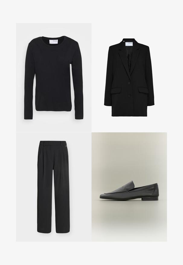 Blazer noir à design à un bouton, avec deux poches avant et deux boutons. Fabriqué en tissu texturé avec une doublure intérieure lisse.; T-shirt noir à manches longues en coton doux, avec un col rond et un design simple et sans couture, sans motifs ni accents.; Pantalon noir taille haute à jambes larges avec passants de ceinture et plis devant, présenté sur un fond blanc uni.; Mocassins en cuir noir avec une finition lisse, un bout pointu et un design minimaliste. Talon bas empilé et accents de couture subtils.